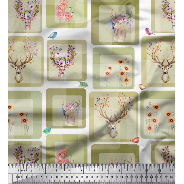 Soimoi Polyester Crepe Fabric Bird & Reindeer Face Patchwork Print Fabric by The Yard 52 Inch Wide