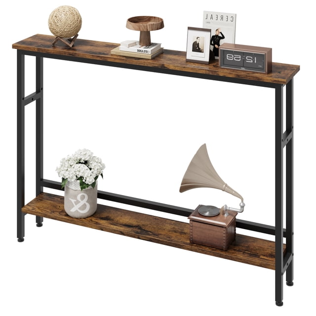 Ourlova 5.9" Narrow Sofa Table, a 2-tier skinny console table with adjustable shelf, featuring a compact design with dimensions of 39.4"D x 5.9"W x 31.4"H. The table has a minimalist rectangular shape with a grey and black finish, constructed from engineered wood and metal. It includes a top and adjustable bottom shelf for versatile storage and display, suitable for living rooms, hallways, or entryways. The sturdy frame supports up to 110 lbs and is easy to assemble with included instructions and hardware.