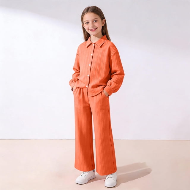 EGNMCR Long Sleeve Turndown Collar Set Children's Solid Color Long Sleeve Turn-Down Collar Button-Up Top With Elastic Waist And Pockets And Pants Set Girl polyester set