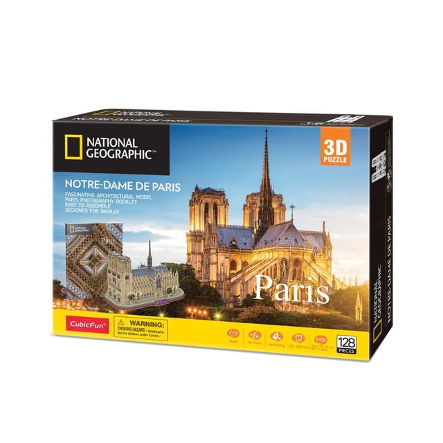 National Geographic 3D Puzzle: Notre-Dame de Paris Boîte Montrant un Modèle architectural de 128 Pcs de la Cathédrale de Paris avec des Façades Détaillées et des Flèches, Accompagné d'Une photo de Coucher de Soleil de la Vraie Notre-Dame, Conçu pour un Assemblage et une Exposition Faciles.