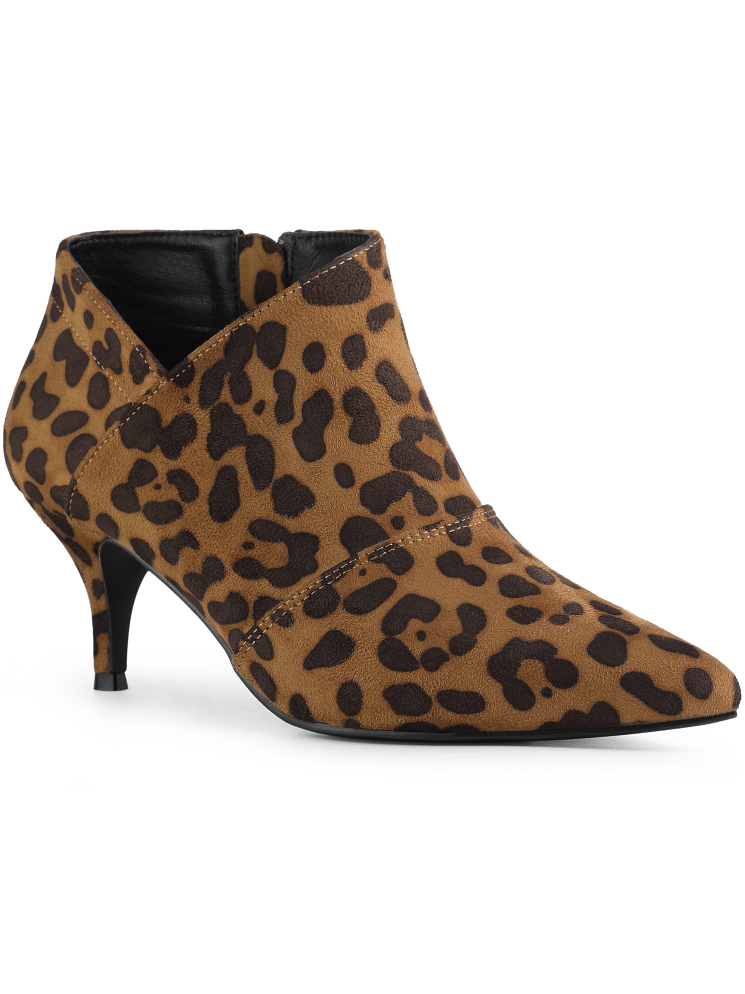 Unique Bargains Pointed Toe Cutout Kitten Heels Ankle Boots for Women Brown Leopard (Size 8.5)
