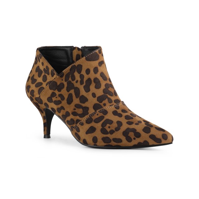 Unique Bargains Bottines à Petits Talons à Bout Pointu Découpées pour Femmes Brun Léopard (Taille 8,5)