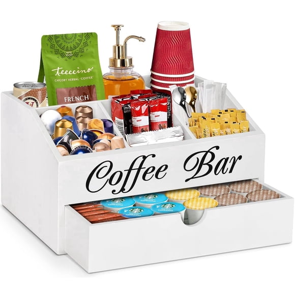 Eastsign Wooden Coffee Bar Organizer with Drawer, 5-Compartment Countertop Station, White