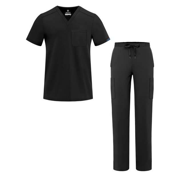 Adar Addition Go-Basic Scrub Set for Men - Classic V-Neck Scrub Top & Cargo Scrub Pants - A9300 - Black - 3X