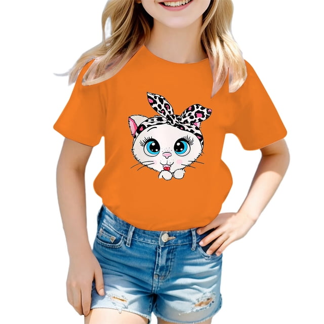 PMVFHDE T-Shirts d'Été Décontractés pour Filles, T-Shirt Mignon à Motif pour Fille, Col Rond, Manches Courtes, T-Shirt d'Été Décontracté Orange, 9-10 Ans