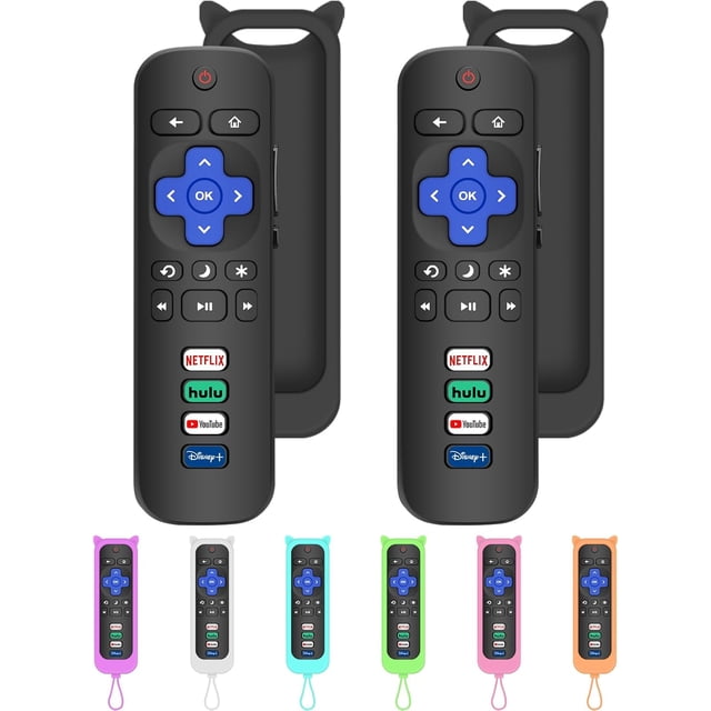 XiHAMA Lot de 2 Télécommandes de Remplacement Compatibles avec les Téléviseurs Roku, Incluant TCL, Onn, Hisense, Philips, Sharp, Westinghouse et les Modèles Insignia. Conçues pour Roku TV Seulement, Ces Télécommandes Offrent un Accès à une Touche à Netflix, Hulu, YouTube et Disney+, avec Fonction Infrarouge Ne Nécessitant Aucun Appairage Ni Programmation. Comprend des Couvre-Télécommandes en silicone Noir et des options Colorées Supplémentaires.