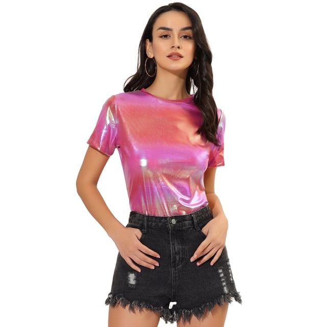 INSPIRE CHIC Women's Party Metallic Textured Short Sleeve Shiny Multi Color Top