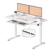 Electric Glass Standing Desk with Drawer, 47 x 24 Inch Adjustable Height Stand Up Desk, Home Office Computer Sit Stand Desk with Memory Controller, Type-C & USB Ports, White