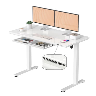 Bureau Debout en Verre Électrique avec Tiroir, Bureau Debout à Hauteur Réglable 47 x 24 Pouces, Bureau d'Ordinateur pour Bureau à Domicile Assis-Debout avec Contrôleur à Mémoire, Ports Type-C et USB, Blanc