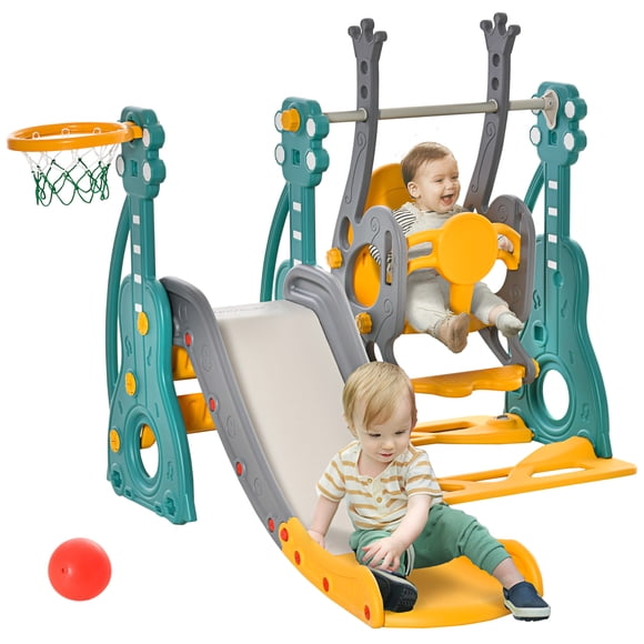 Qaba 3-in-1 Kids Swing and Slide Set with Basketball Hoop and Adjustable Seat Height, Toddler Play Climber Slide Playset for Indoor and Outdoor Playground Activity Center