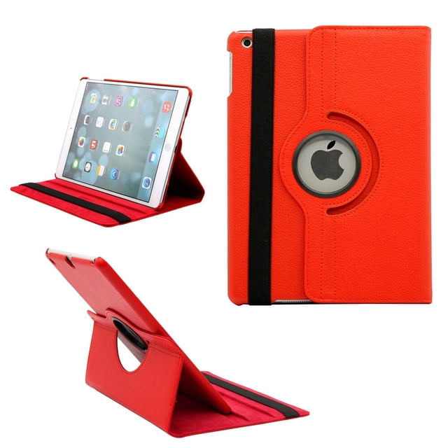 PST iPad Air 1 / Air 2 / iPad 5th 6th Gen. 9.7" Rotation Case, featuring a 360-degree rotating PU leather stand in a vibrant red color. The case includes a shockproof hard back for protection against drops, a soft microfiber lining to prevent screen scratches, and an elastic band for secure closure. Designed with precise cutouts for easy access to all ports, jacks, and the camera. Shown in multiple angles, highlighting its vertical and horizontal rotation capability and compatibility with Apple iPad models.