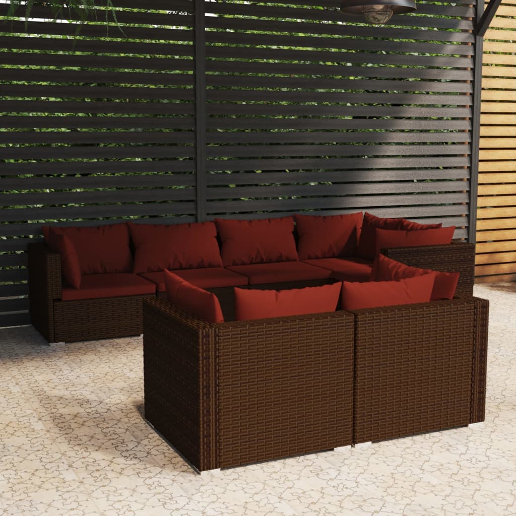vidaXL Ensemble Salon de Jardin 7 Pcs avec Coussins Brun Rotin Poly