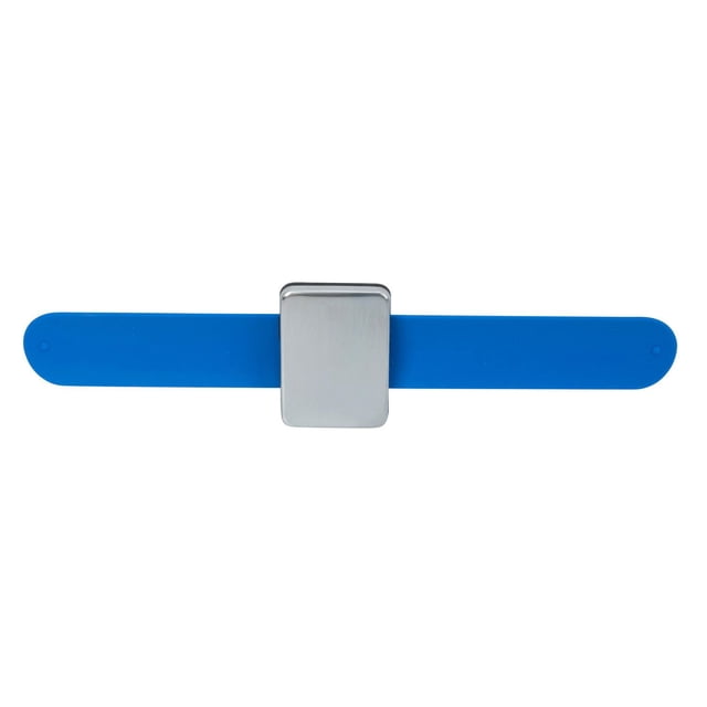 Perfect Solutions Magnetic Snap Bracelet with a blue silicone slap-band and a rectangular brushed silver magnetic clasp, designed to hold metal items like hairpins, nails, or screws securely on the wrist for hands-free convenience.
