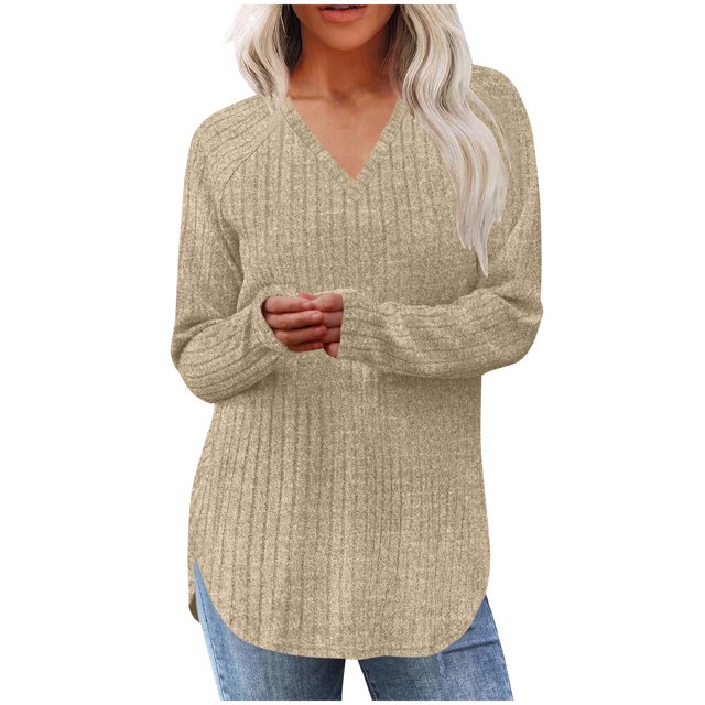 BLVB Womens Soft Long Sleeve V Neck Shirts Solid Color Casual Ribbed Knitted Pullover Tunic Tops Lightweight Curvy Sweaters