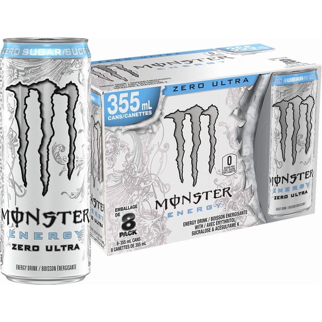 MONSTER ENERGY Ultra Zero, 355mL, 8 Pack featuring silver cans with black claw logo and blue 'Zero Sugar' text, a sugar-free energy drink with 105mg caffeine and a sparkling citrus flavor, packaged in a white box with intricate grey designs, suitable for a refreshing energy boost.
