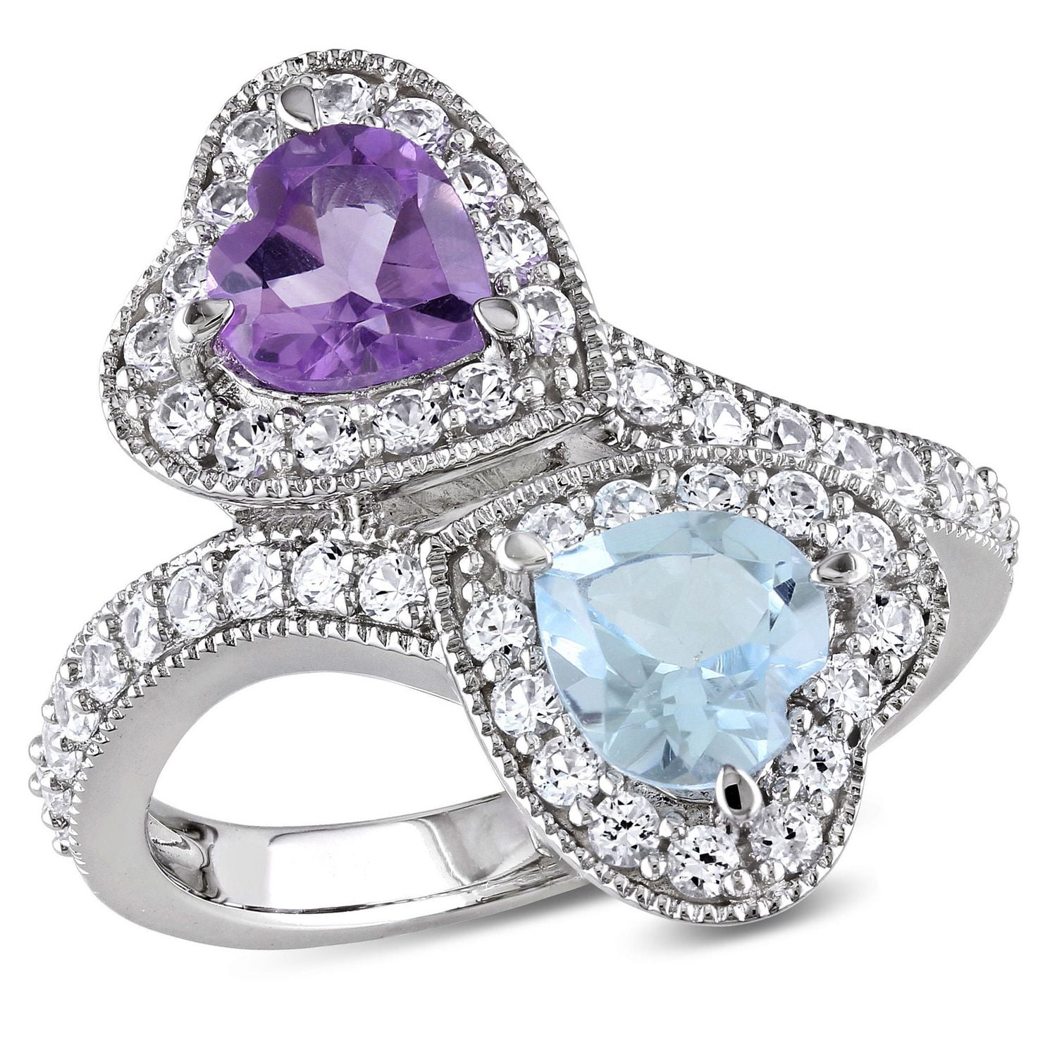Bague à sections divisées Tangelo avec améthystes, topazes bleues et saphirs blancs synthétiques de forme cœur 2-1/2 CT PBT en argent sterling