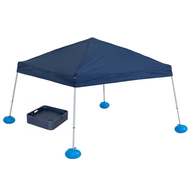 Sunjoy Floating Pool Canopy with Add-on 24x24 in. Wicker Floating Tray, Navy, a 10x10 navy Oxford fabric canopy on an aluminum frame with blue floating bases on each leg, paired with a weather-resistant navy wicker serving tray ideal for outdoor pool shade and serving.