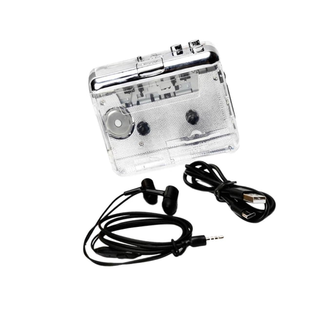enqiretly USB Cassette Tape to MP3 Converter with a transparent plastic design, shown with included accessories: black headphones, a Type C USB cable, and a driver CD. This portable device converts cassette tapes to MP3 format for playback on laptops, PCs, and other devices. It supports both battery and USB power options and is compatible with Windows XP, Vista, and Windows 7 systems.