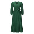 thumbnail image 4 of Robe Décontractée pour Femme, Ajustée, Plissée, Ceinturée, à Manches Longues, Col en V, Ligne A, Couleur Unie, 4 of 9
