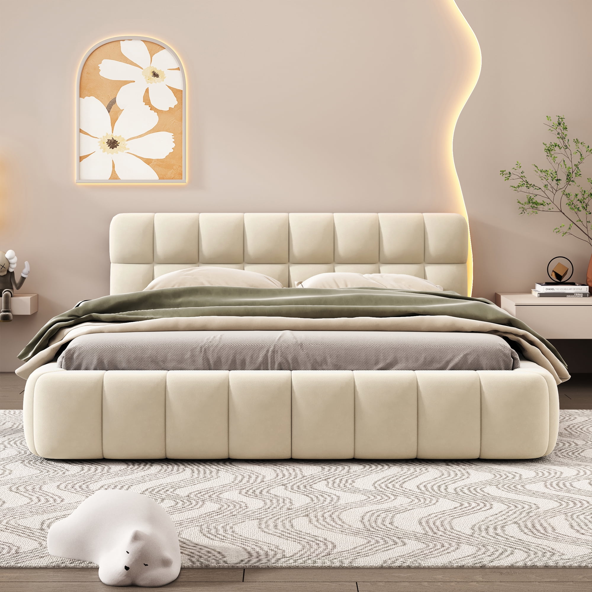 Noble House Lit Queen rembourré plate-forme, lit à terre en tissu épais avec cadre solide,Beige