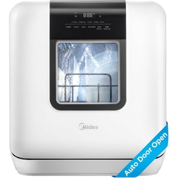 Midea Lave-vaisselle Portatif de Comptoir, Réservoir d'Eau Intégré de 6 L, Aucun Raccord Requis, 5 Programmes de Lavage, Séchage à Ouverture Automatique de la Porte, pour Appartements et VR, Blanc