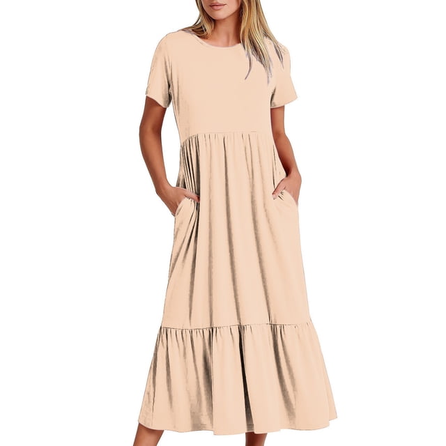 Penkiiy Robe T-Shirt d'Été Décontractée pour Femme à Manches Courtes, Col Rond, Basique Évasée, Fluide, Plage, Vacances, Robe Soleil, TG, Beige