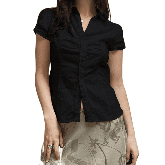 Gupgi Women Button Down Shirts Cap Sleeve Lapel Collar Tight Blouse Tie Up Back Slim Fit Tops Summer Basic Office Shirts