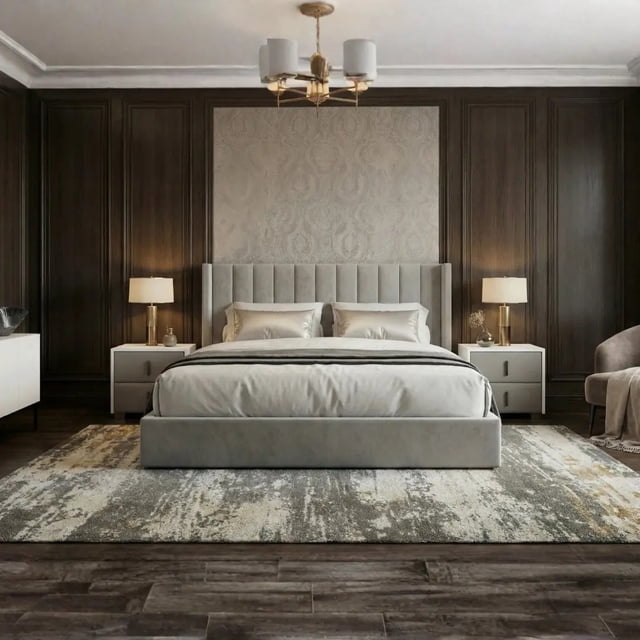Velets King Bed Frame with Storage, a king size upholstered platform bed featuring a tufted headboard and hydraulic lift-up storage. The bed is shown in a modern bedroom with dark wood paneling, a patterned accent wall, and matching white nightstands. The durable wood slats and reinforced steel frame provide support for various mattress types, eliminating the need for a box spring. Ideal for contemporary homes, this bed combines style and functionality with spacious under-bed storage.