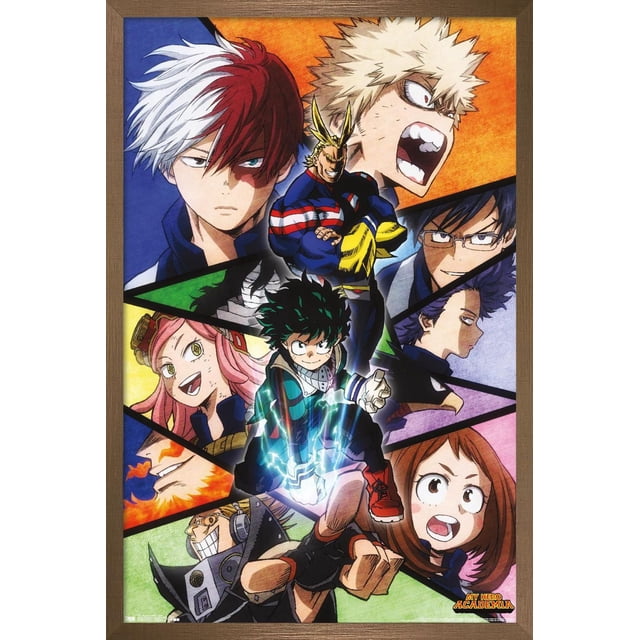 My Hero Academia - Visages Affiche Murale, 22,375 Po x 34 Po Mettant en Vedette des Personnages d'Anime Vibrants dans des poses d'Action Dynamiques avec Effets Électriques et Couleurs Audacieuses, Imprimée sur Papier Lustré avec un Cadre en Bois, Parfaite pour la Déco de la Maison et l'Art Mural.