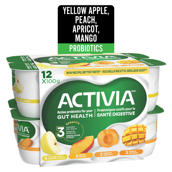 Activia Probiotic Yogurt, Yellow Apple/Apricot/Mango/Peach, 12x100g