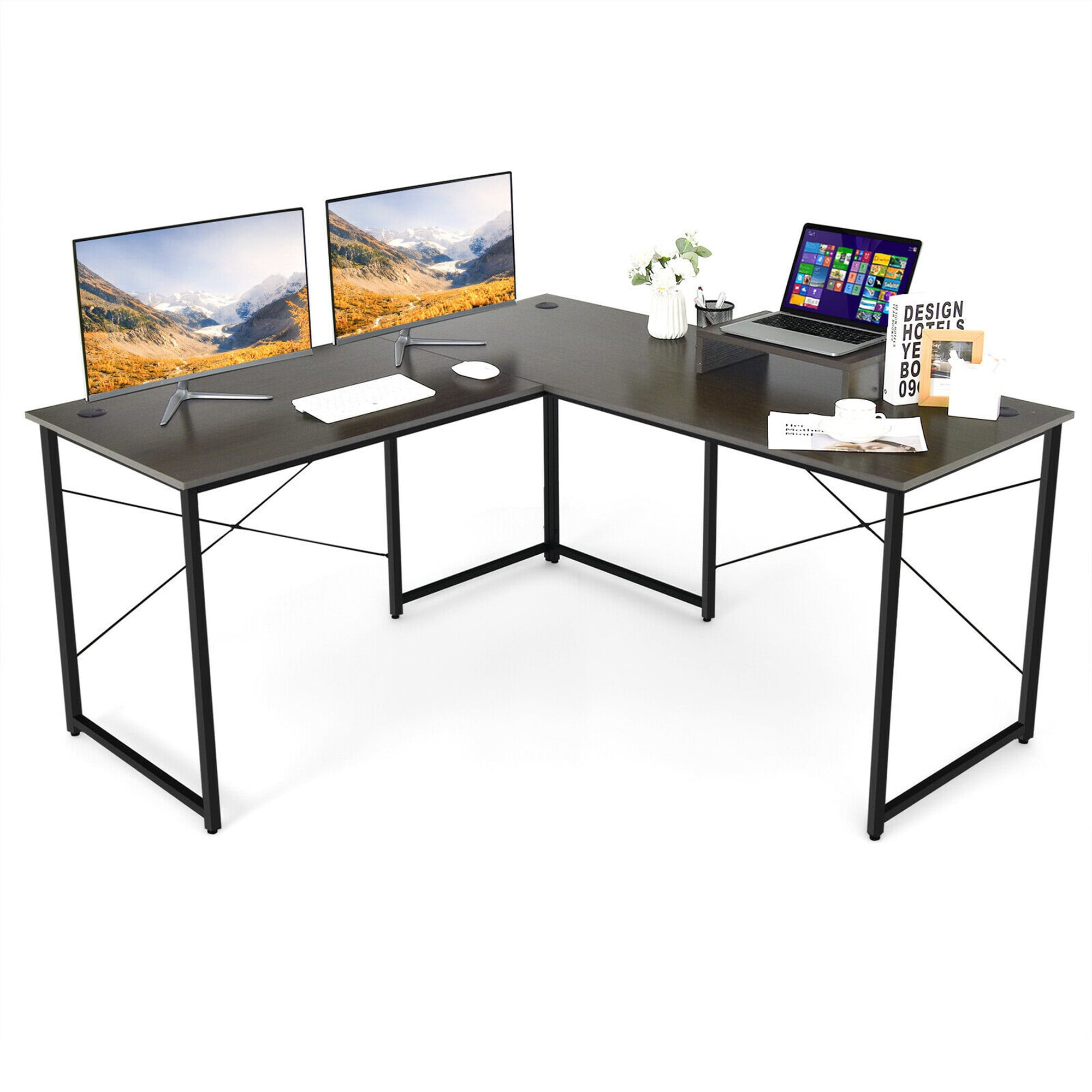 Gymax L-Shaped Reversible Computer Desk 2-Person Long Table w/Monitor ...