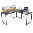 thumbnail image 1 of Gymax L-Shaped Reversible Computer Desk 2-Person Long Table w/Monitor Stand Brown, 1 of 10