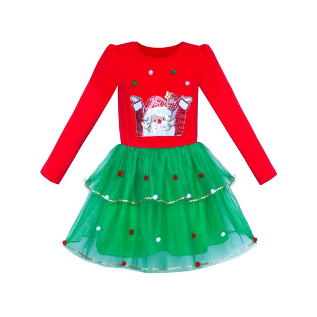Robe Fille Noël Père Noël Manches Longues Robe de Fête 10 Ans