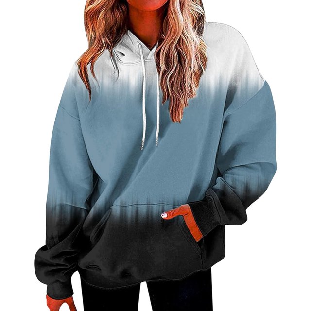 LAICAIW Chandails à Capuche Surdimensionnés pour Femmes 2022 Mode Ombré Décontracté Chandail à Capuche à Enfiler avec Cordon de Serrage Présentant un design Teinture sur Nœuds Noir et Bleu. Ce Chandail à Capuche à Manches Longues Comprend une Poche avant, une Capuche à Cordon de Serrage et une Coupe Décontractée, Idéal pour les Tenues Décontractées Ou les Entraînements. l'Effet Ombré Transitionne du Bleu Pâle en Haut au Noir en Bas, Créant un Style Tendance et Stylé.