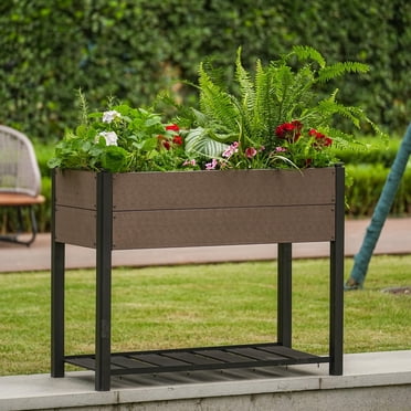 Twister.CK Jardinière Surélevée en HDPE 42"x19"x33 Pouces sur Pieds avec Tablette de Rangement, Bac de Plantation Surélevé avec Poteaux en Aluminium, pour Patio, Balcon et Usage Extérieur