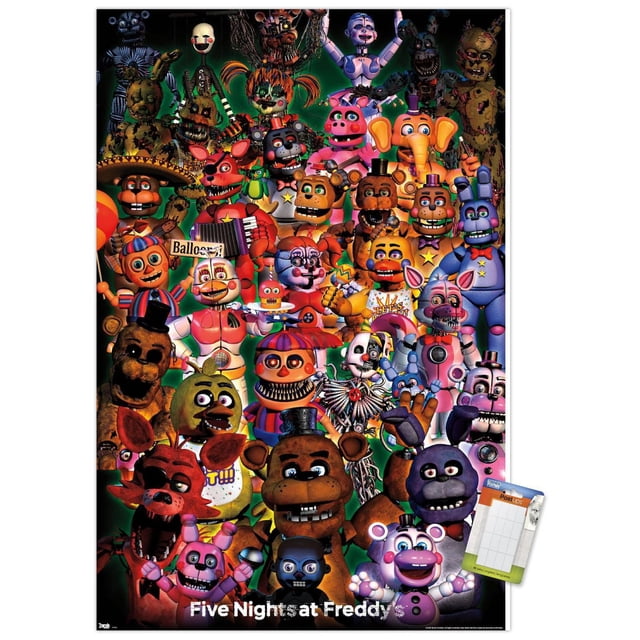 Five Nights at Freddy's - Affiche Murale de Groupe Ultime, 22,375 Pouces x 34 Pouces Mettant en Vedette un collage de Personnages Animatroniques Colorés de la Série de Jeux d'Horreur. l'Affiche Présente des Figurines Détaillées comme Freddy Fazbear, Bonnie, Chica et Foxy avec des designs Mécaniques et Caricaturaux sur un Fond Vert Foncé. la Finition Satinée de Qualité Supérieure Met en Valeur des Couleurs et des textures Vibrantes. le Texte Blanc « Five Nights at Fred