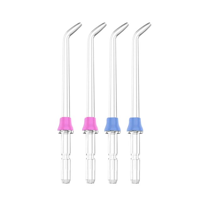 4pcs Water Flosser Tip Water Toothbrush Refill Head Replacement for Waterpik, featuring two pink and two blue tips. Made of high-grade PC material, these replacement tips are eco-friendly, durable, and compatible with Waterpik WP-100, WP-250, WP-450, WP-560, WP-660 series, Flycat FC168, FC188, FC158, and Waterpulse V300, V400, V600, V660 models. Designed for easy installation and removal, they help clean hard-to-reach areas for an improved flossing experience.