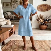 XiYing Women's Dress, Women's Casual V-Neck Short Sleeve Midi Dress with Frayed Trim Summer Flowy Bohemian Style S-Xxl
