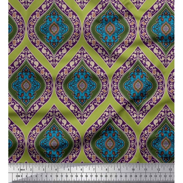 Soimoi Green polyester Crepe Fabric Seamless Damask Printed Fabric 1 Yard 42 Inch Wide