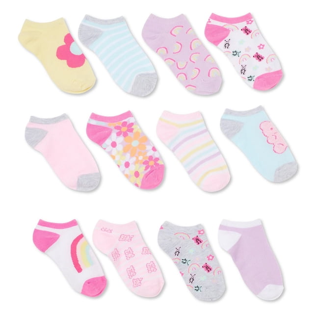 George Girls' Low-Cut Socks 12-Pack with 12 assorted pairs featuring colorful low-cut socks in patterns like flowers, rainbows, stripes, and bears, ribbed cuffs for a secure fit, suitable for everyday casual or athletic wear.