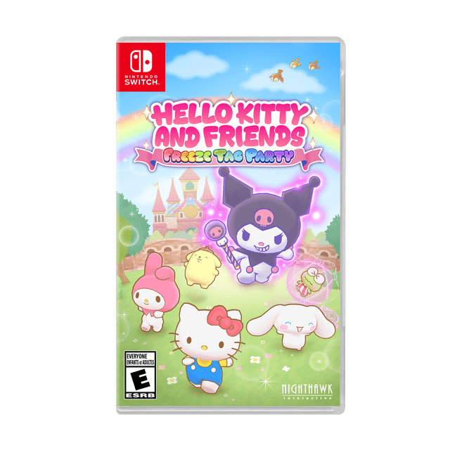 Hello Kitty and Friends : Freeze Tag Party Nintendo Switch game cover Mettant en Vedette Hello Kitty, Kuromi, My Melody et Cinnamoroll dans un Monde Magique Coloré avec un Château, un Arc-en-Ciel et des Oiseaux, Mettant l'Accent sur le Jeu de Cartes Multijoueur local avec des Habiletés Magiques Uniques et des options d'Habillage de Personnage.