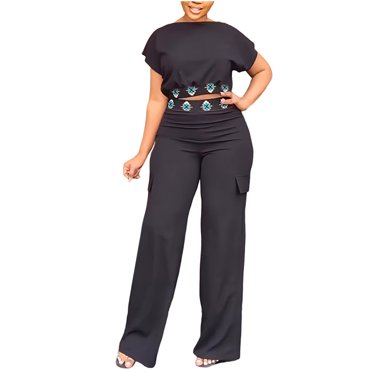 Women's Summer Two Piece Outfits Short Sleeve Crop Tops High Waist Wide Leg Pants Sets Tracksuits Party Clubwear