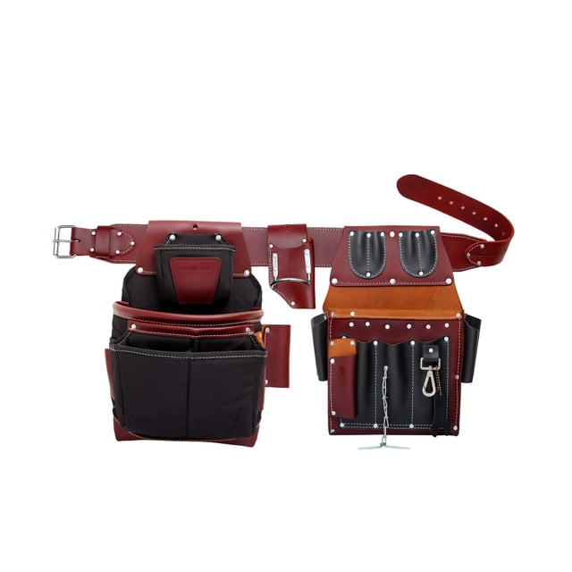 MECHTOOLS Commercial Electrician's Tool Belt Set XX-Large with a 3-inch wide heavy-duty leather belt and detachable black and brown leather pouches featuring reinforced rivets and white stitching, multiple pockets and holders for tools and hammer, fits waist sizes 45 to 53 inches.