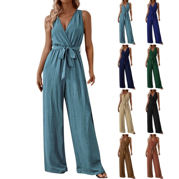 Summer Savings Clearance 2025 Bovxnpu Plus Size Jumpsuits for Women, Sleeveless Jumpsuit V Neck Elegant for Womens Dressy Casual One Piece Romper Outfits, Womens Casual Sleeveless Jumpsuit L