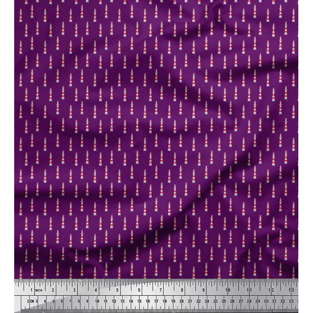 Soimoi Purple polyester Crepe Fabric Lighthouse Nautical Decor Fabric Printed Yard 42 Inch Wide