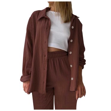 TJAZFJPA Pant Sets Women 2 Piece Outfits Casual Cotton Petite Womens 2 Piece Outfits Wide Leg Blouse Pockets Elastic Pants Sets Casual V Neck Shirt Trousers Fashion Streetwear