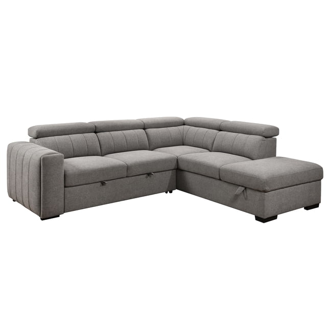 Nello Canapé Sectionnel-Lit Multimédia Orienté à Droite de 101 Po en Tissu polyester Gris avec Appuie-Têtes Réglables, Lit Escamotable, Rangement ottoman Caché, Porte-Gobelet à Accoudoirs Intégré, Cadre en Bois Massif et Contreplaqué, et Pattes en Plastique pour un Siège de Salon durable et le Confort des Invités.