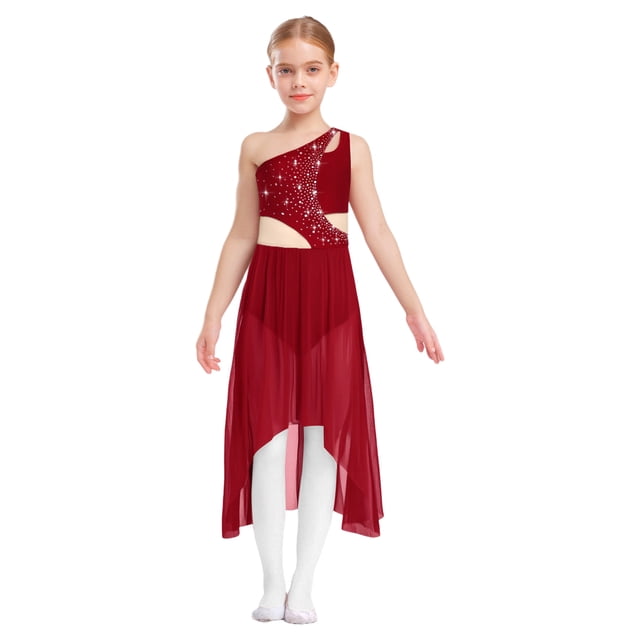 Moggemol Robe de Danse Ballet Lyrique pour Filles une Épaule Sans Manches Découpe Haute Basse Robe en Maille Fluide Bourgogne 8