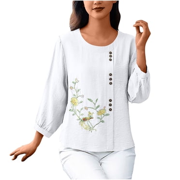 Hauts Brodés à Fleurs pour Femmes Chemises en Coton et Lin Coupe Ample Blouse Bohème Paysanne 2025 Été Décontracté T-Shirts à Manches Courtes