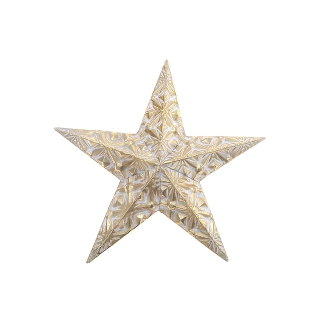 Gold Metal Embossed Star Decor (15.4") featuring a five-point star with embossed geometric patterns on a metallic gold finish, displayed front-facing on a white background, ideal for Christmas tree toppers and festive décor.